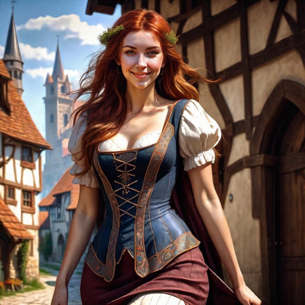 Auburn Woman in Medieval Village, Fantasy Art