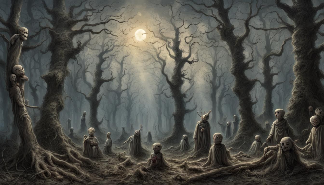 Haunted Forest with Voodoo Dolls in Etching Style