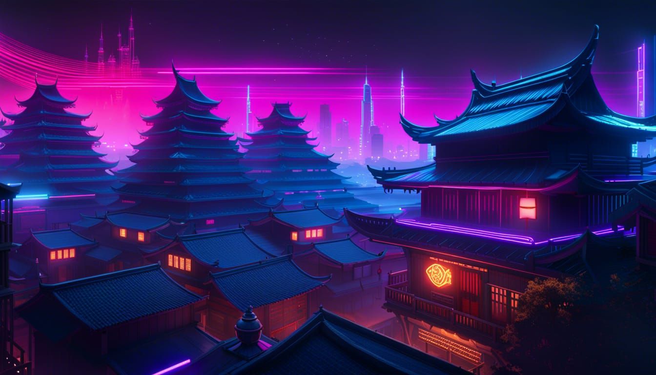 Neon Ronin on Rooftop in Synthwave Retro Style