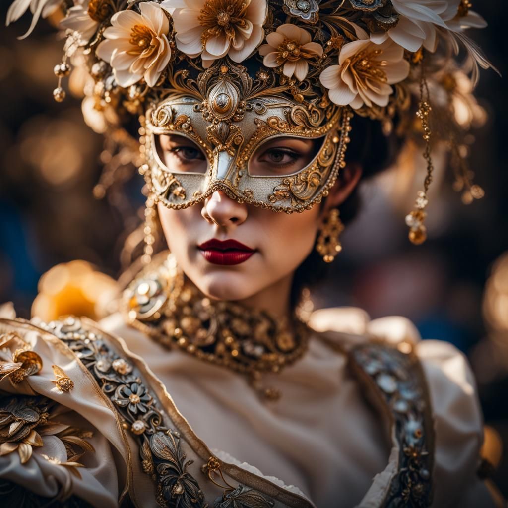 Elaborate Carnival Mask with Metal Flowers in Baroque Style