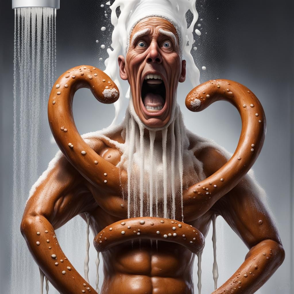 Anthropomorphic pretzel man, taking a shower of salt.