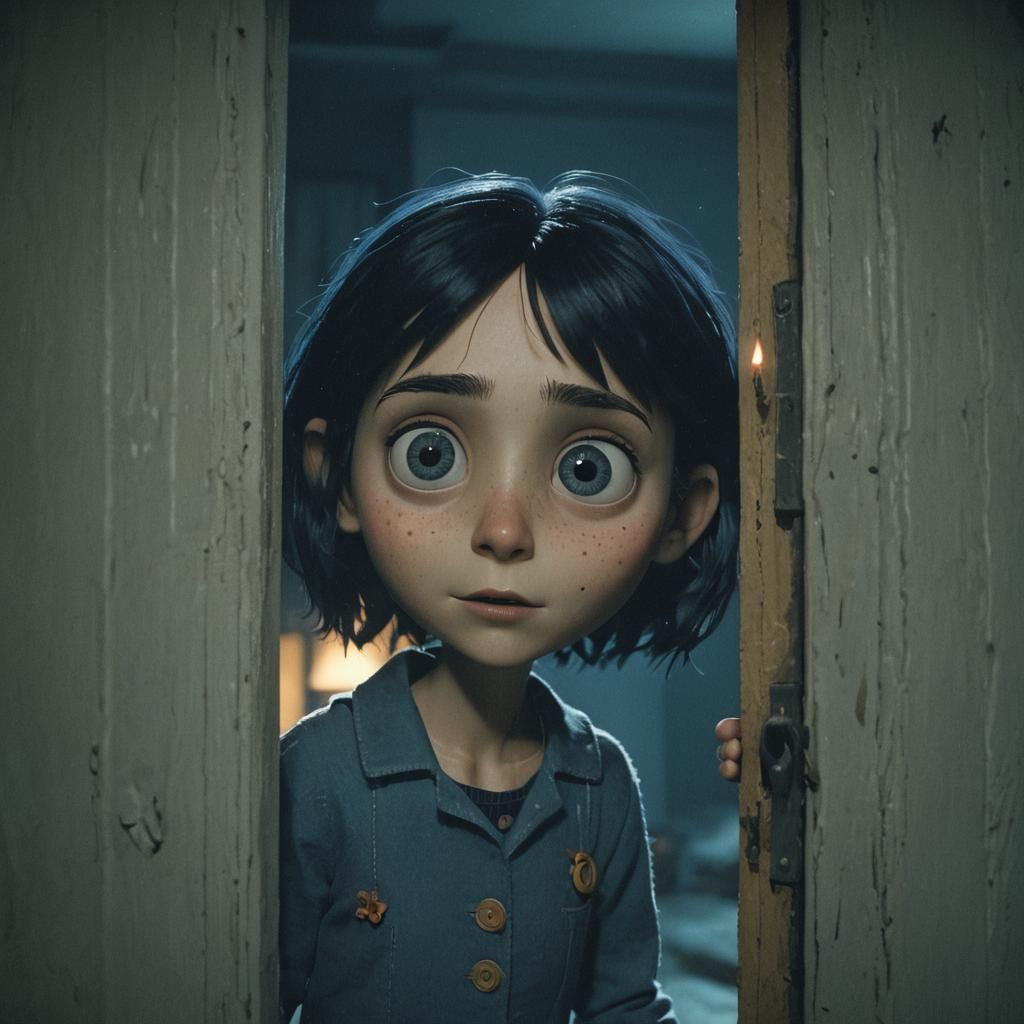 Coraline's Gaze at the Door: A Cinematic Still