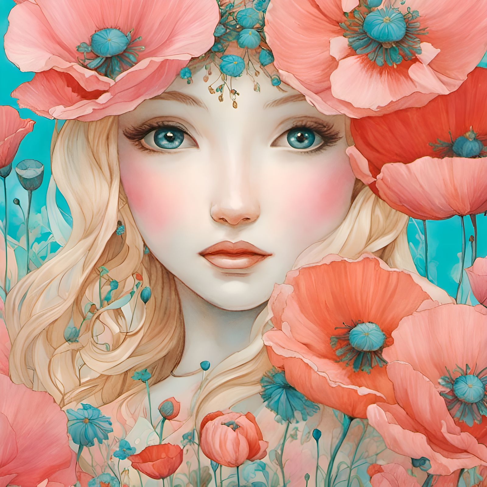 Poppy Princess in Watercolor Art Brut Style