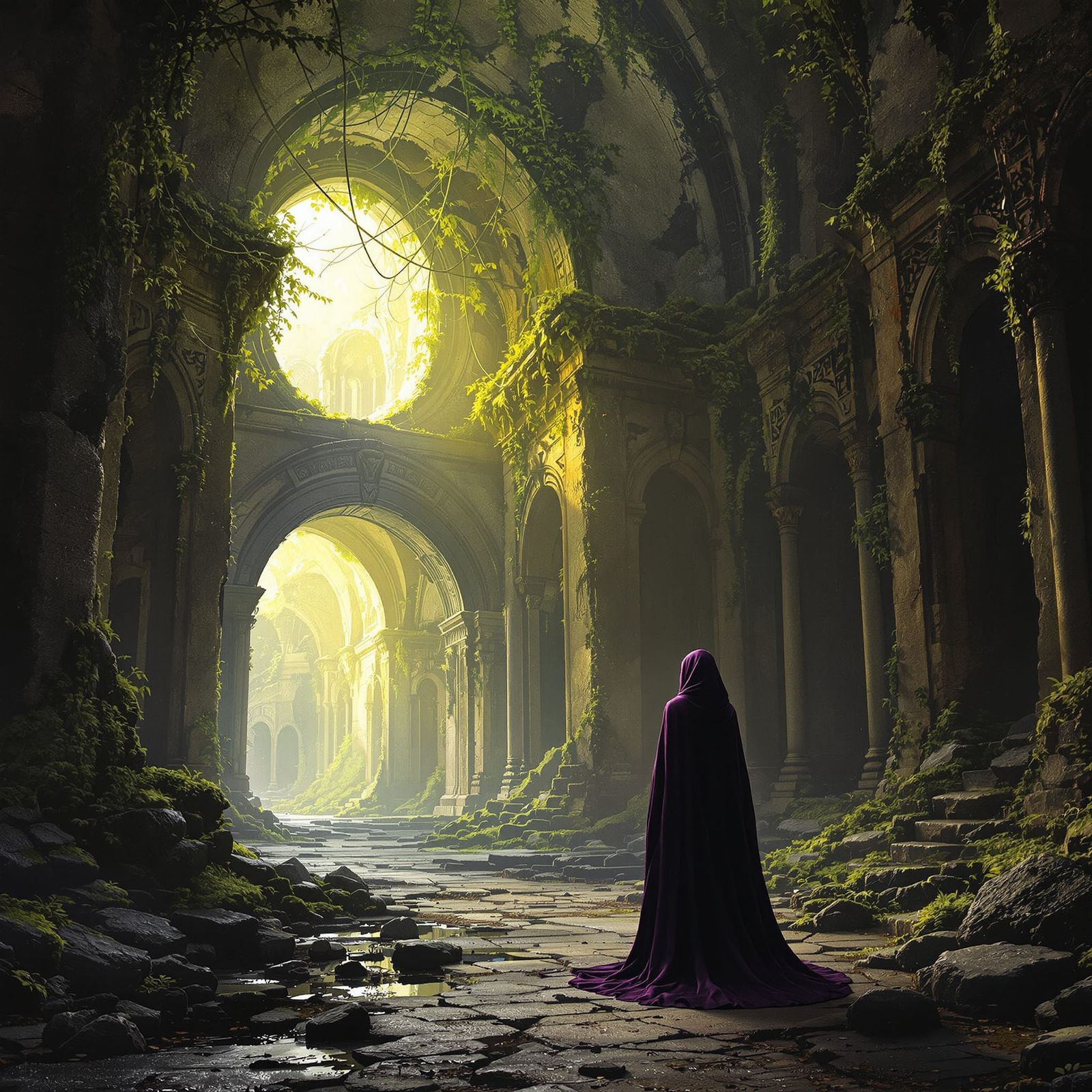 Sorceress in Ancient Ruins with Ethereal Light