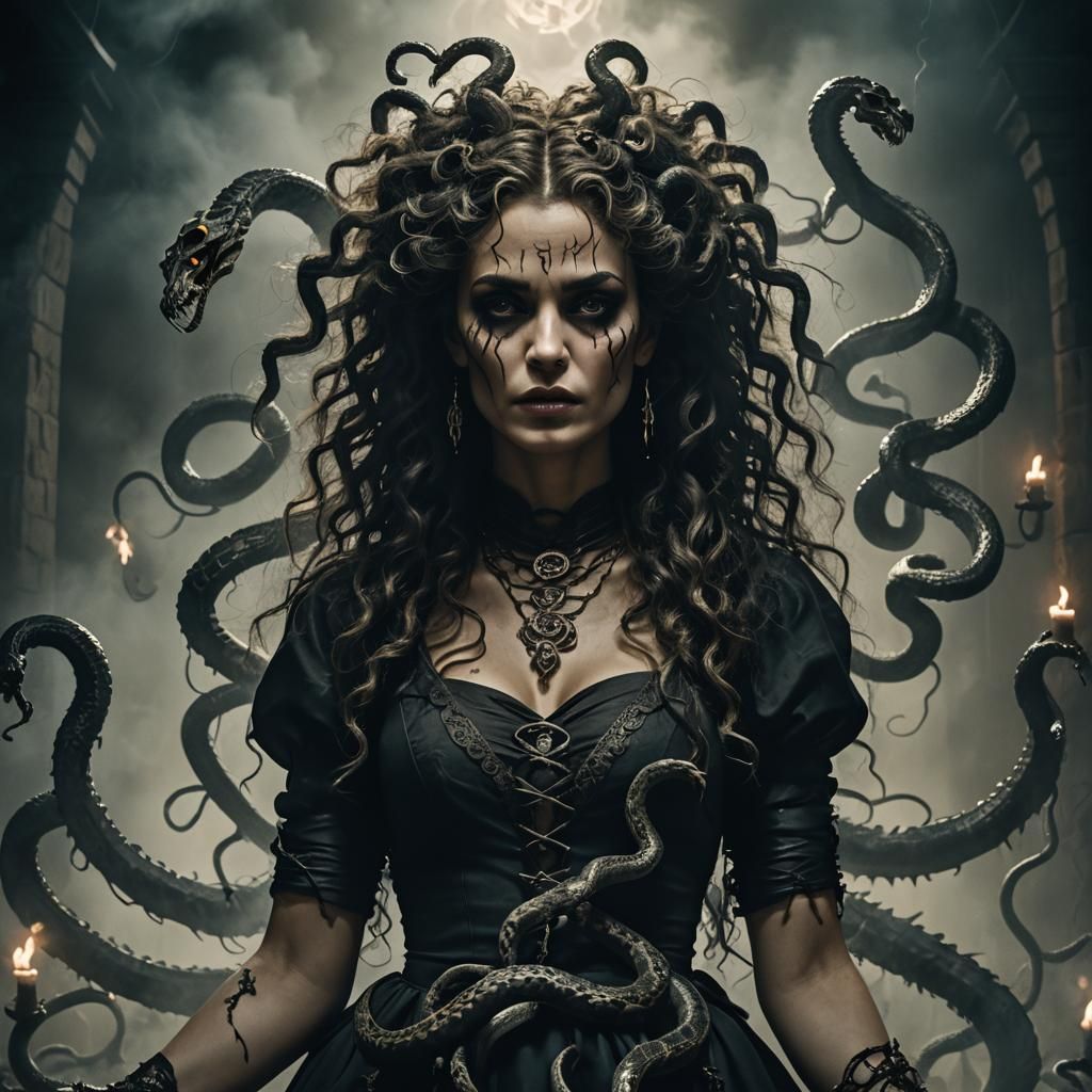 Dark Fantasy Woman with Serpents and Skulls