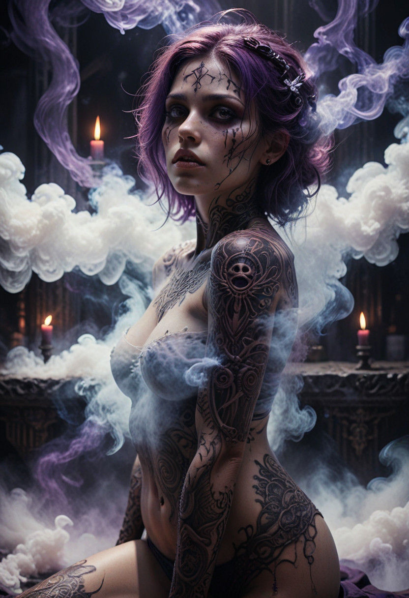 Surreal Portrait of a Tattooed Woman in a Dark Ritual Chambe...