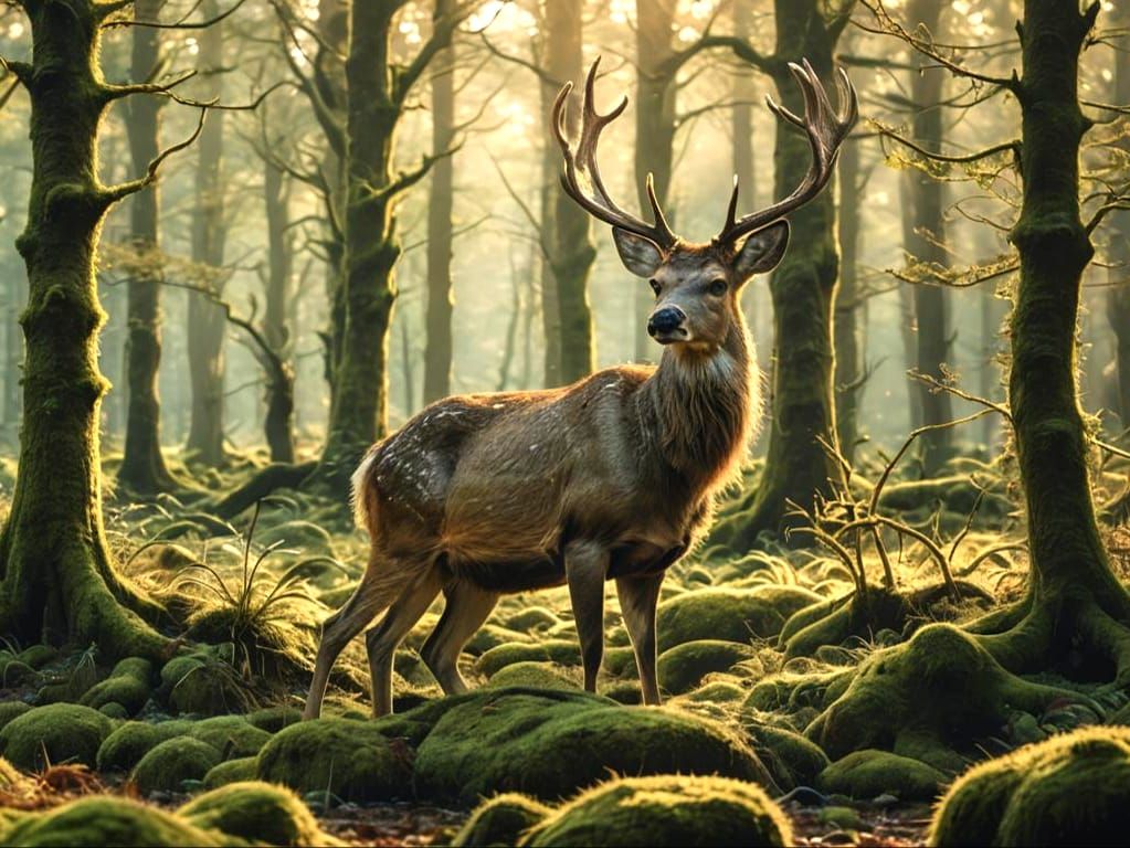 Golden Deer in a Mossy Forest