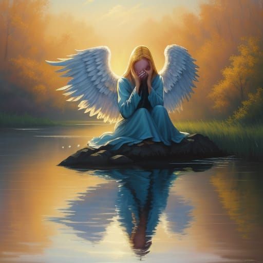 Angel Crying by River in Vibrant Oil Painting