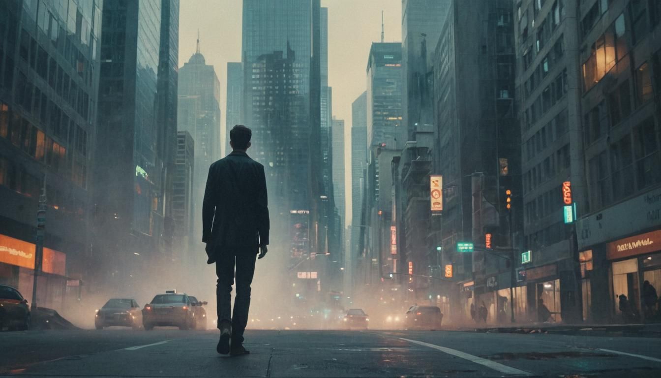 Person in Cityscape: Abstract Realistic Cinematic Painting