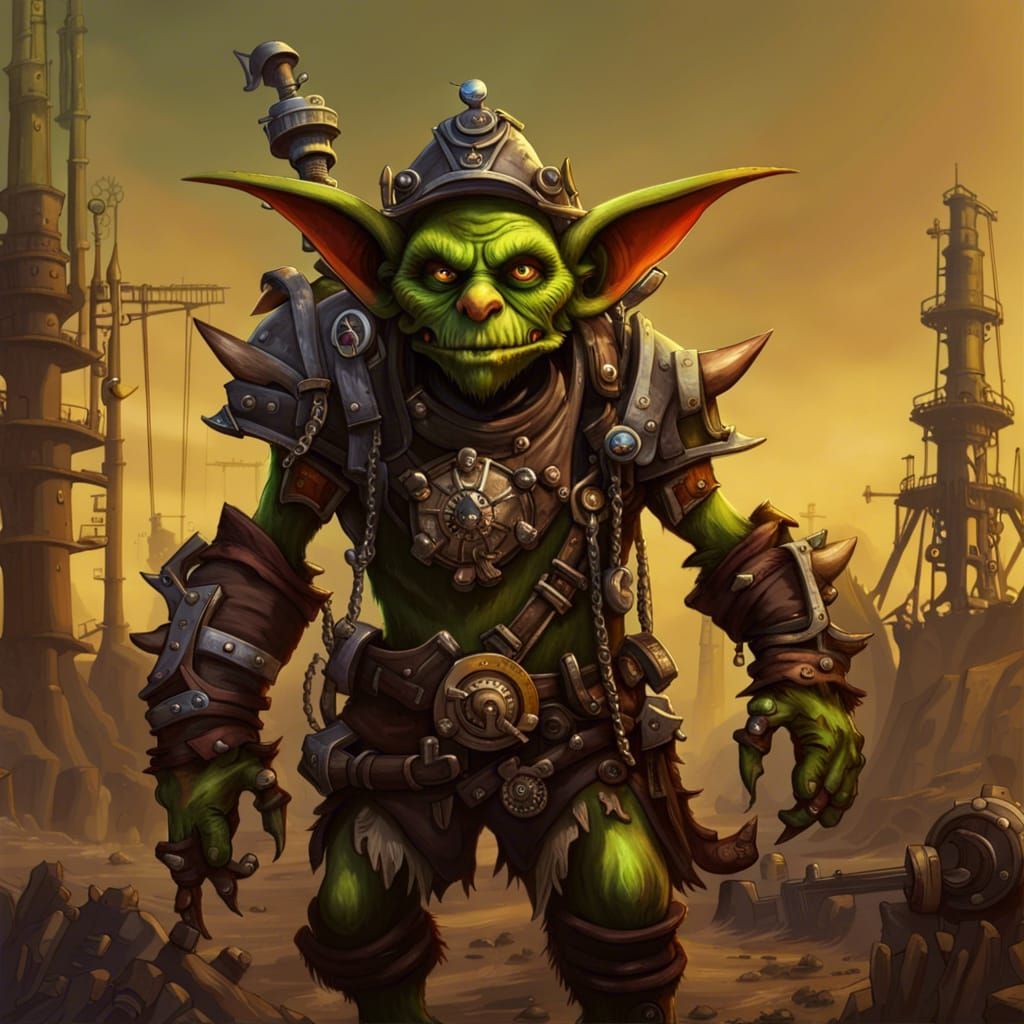 Goblin in Steampunk Armor Wandering Oil Field