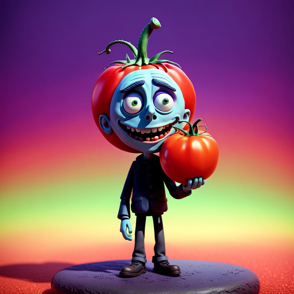 Tim Burton claymation with a tomato for a head