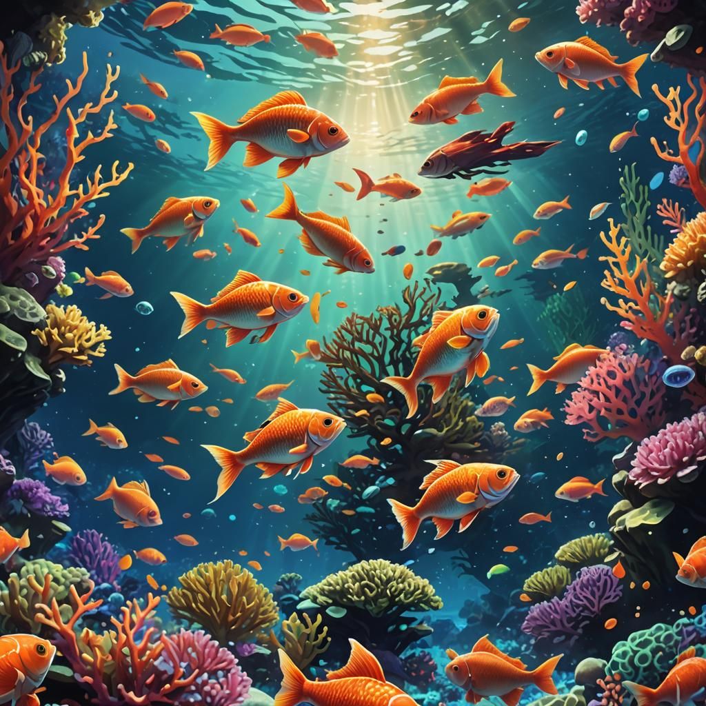 Anime Fish in Vibrant Coral Ocean