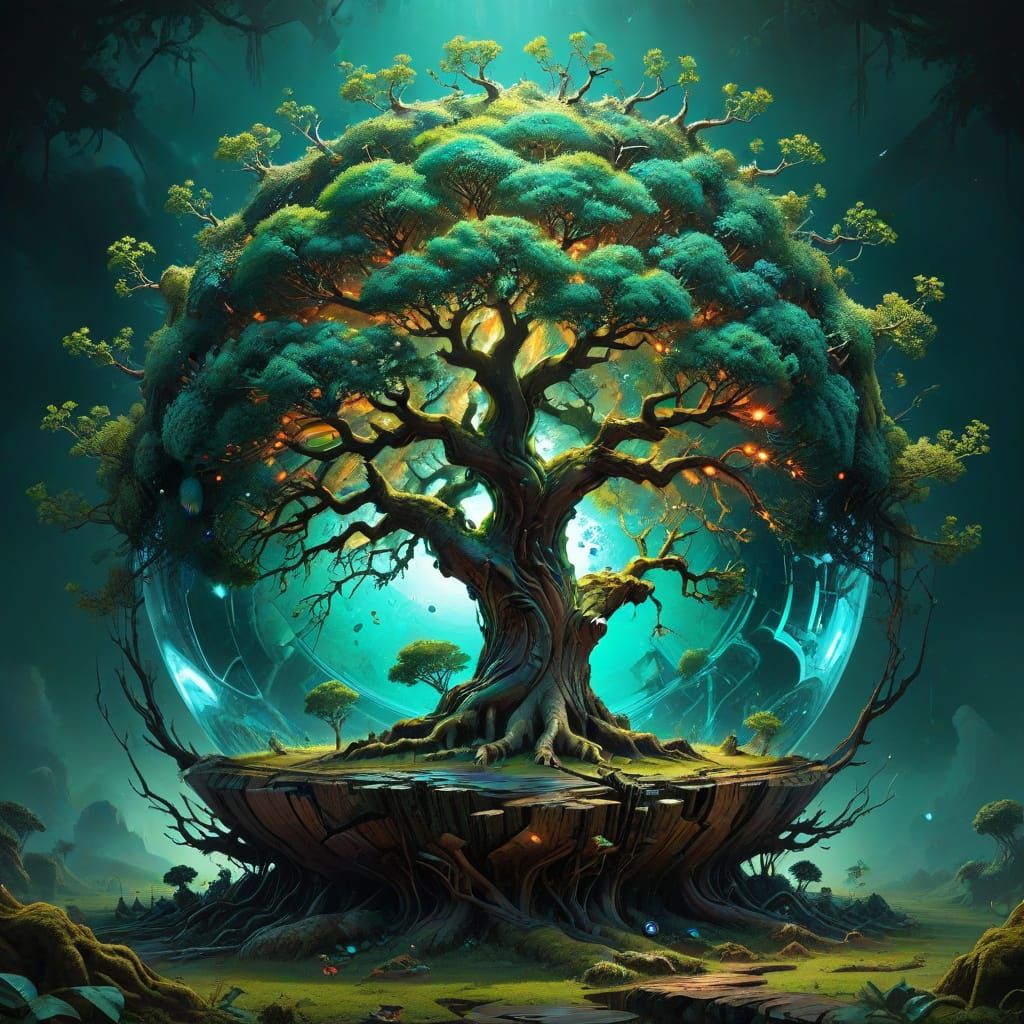 close-up temple futuristic spherical oak tree in emerald