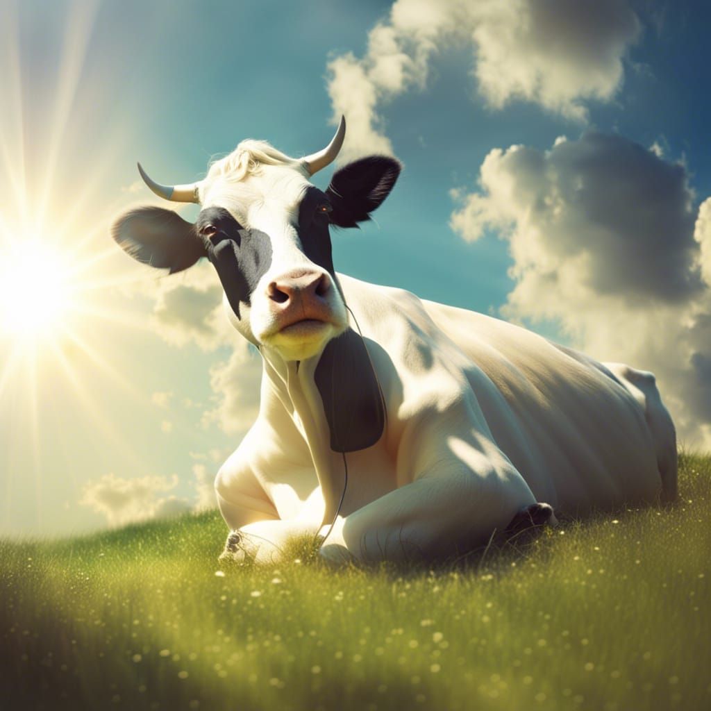 Cow Relaxing to Music in Heavenly Sunshine