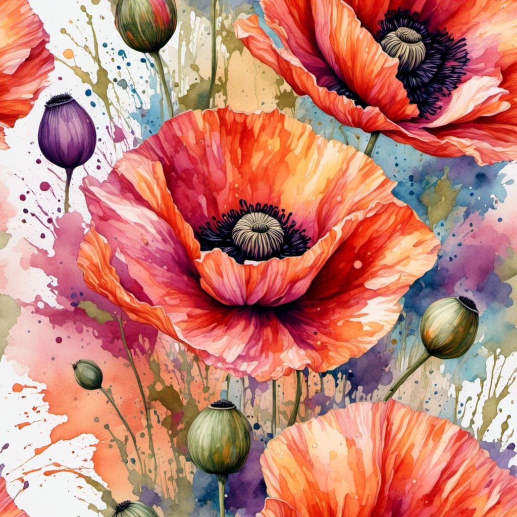 Colorful Poppy in Splashed Watercolor Style
