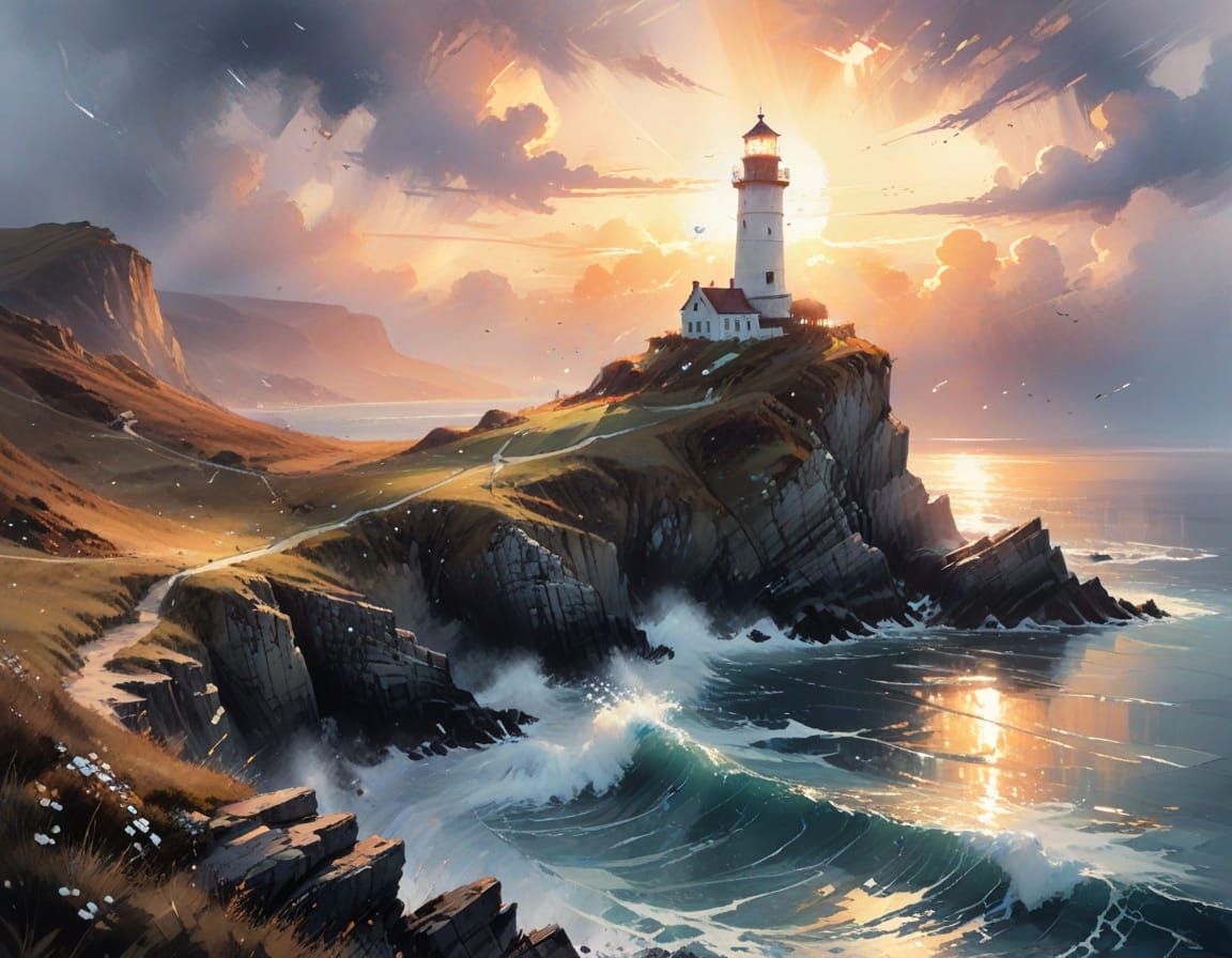 Lighthouse on Windswept Cliff in Golden Light