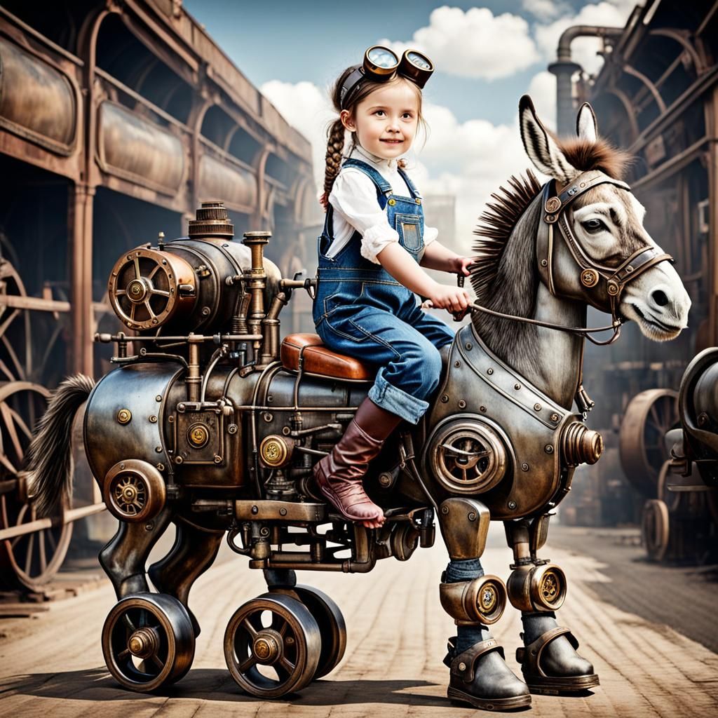 Girl Rides Steampunk Donkey Engine