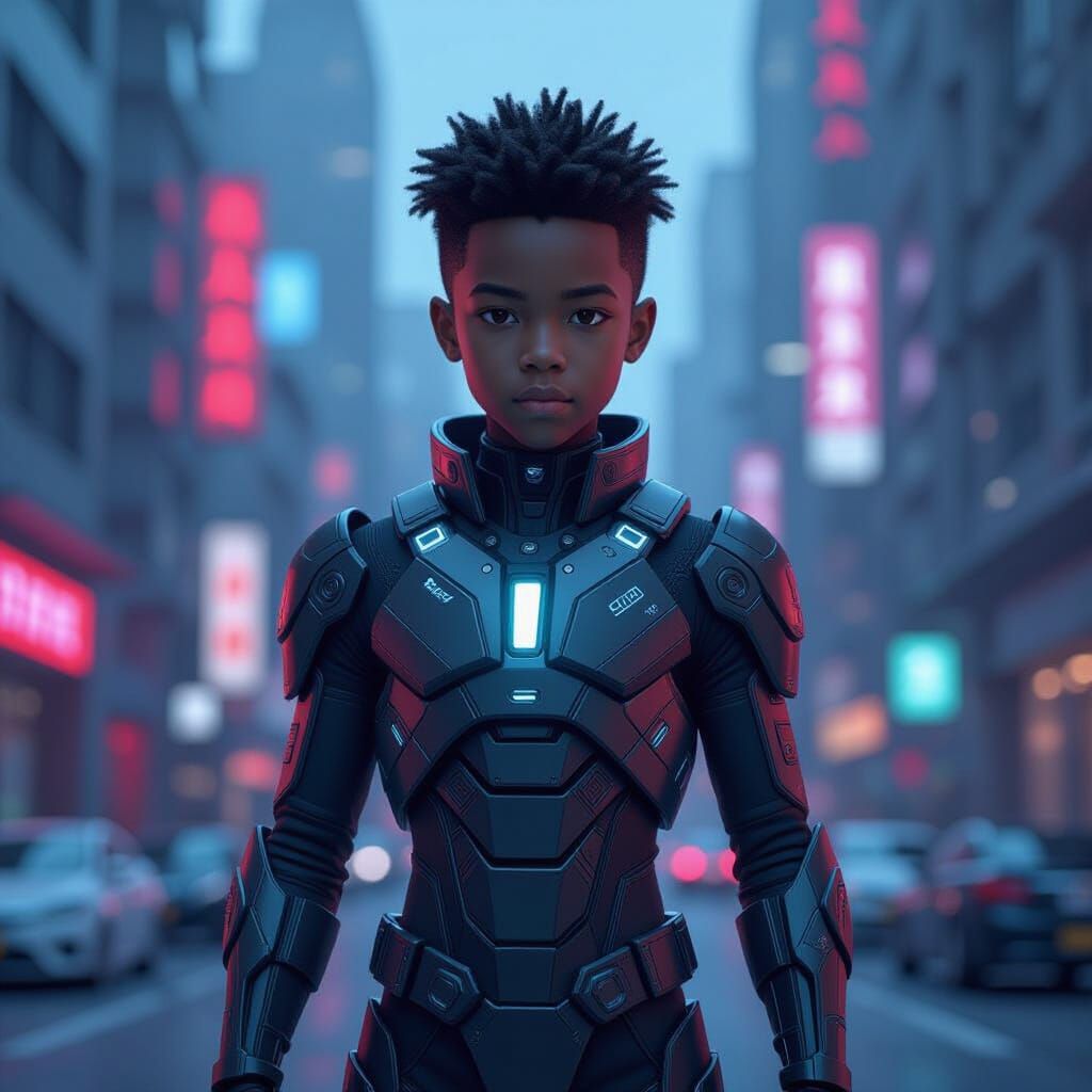 Young Boy Hero in Cyberpunk Anime Style