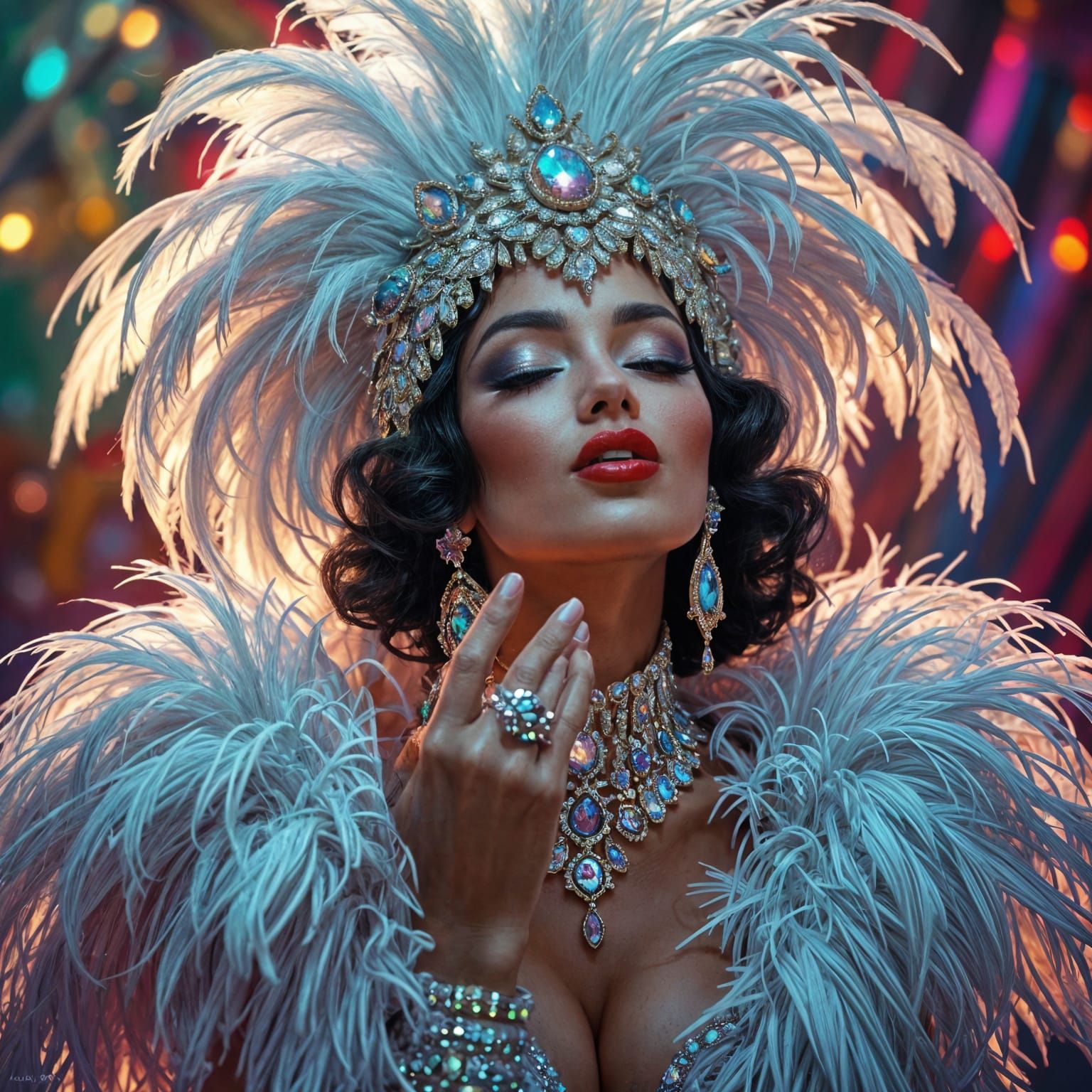 Vegas Showgirl Blowing Kiss in Hyperrealistic Style