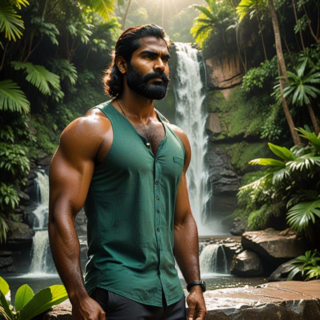 Confident South Indian Warrior by Tropical Waterfall