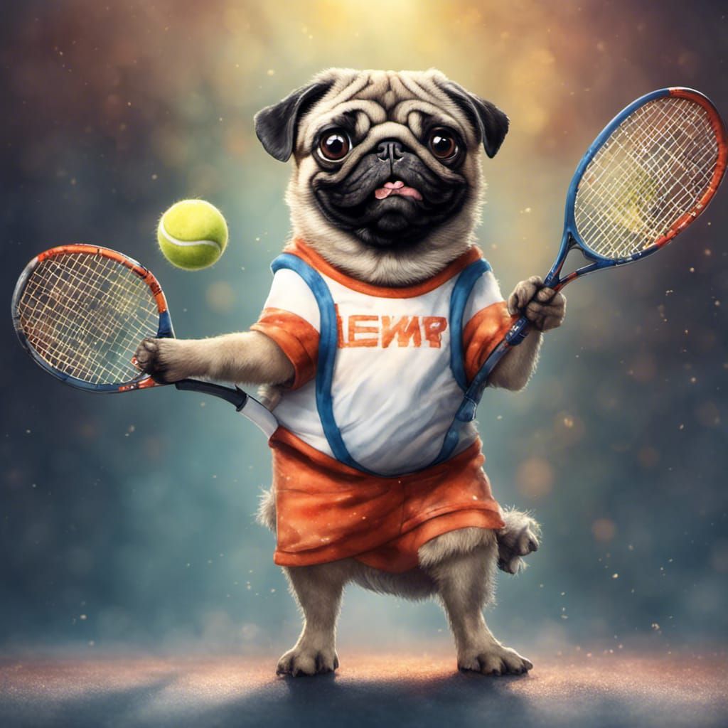 Happy Anthropomorphic Pug Plays Tennis, Watercolor Art