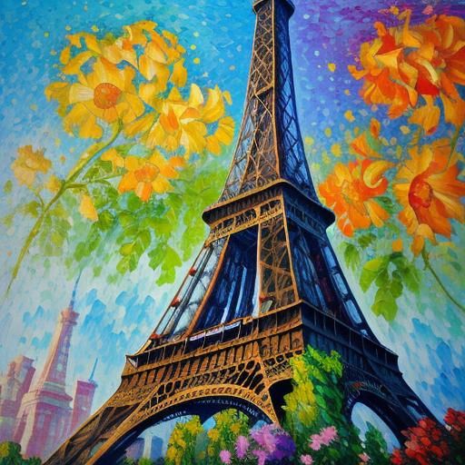 Eiffel Tower in Bloom: Neo-Impressionist Oil Painting