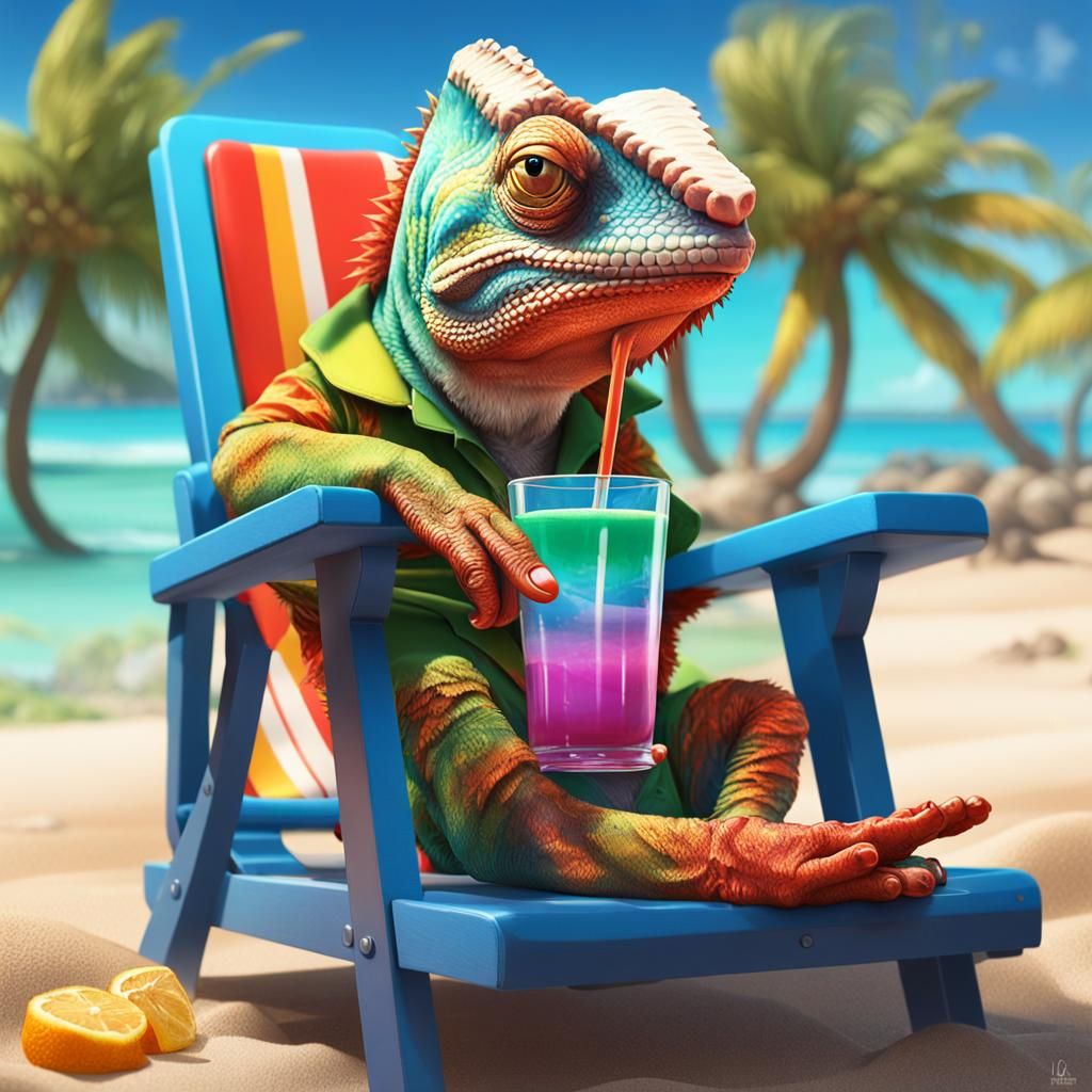 Chameleon Lounging in Hawaiian Shirt, Detailed Portrait