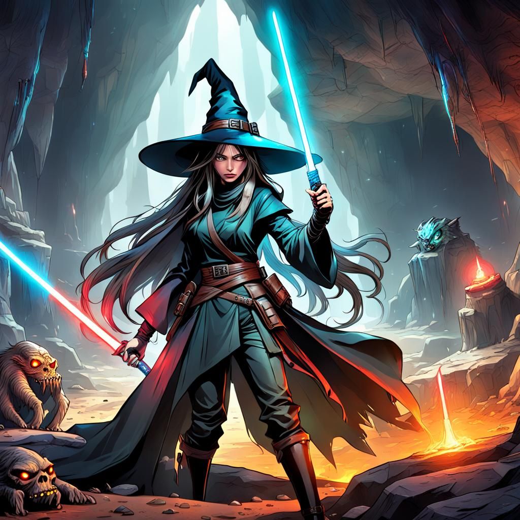 Elegant Warrior Wields Long Lightsaber in Cave