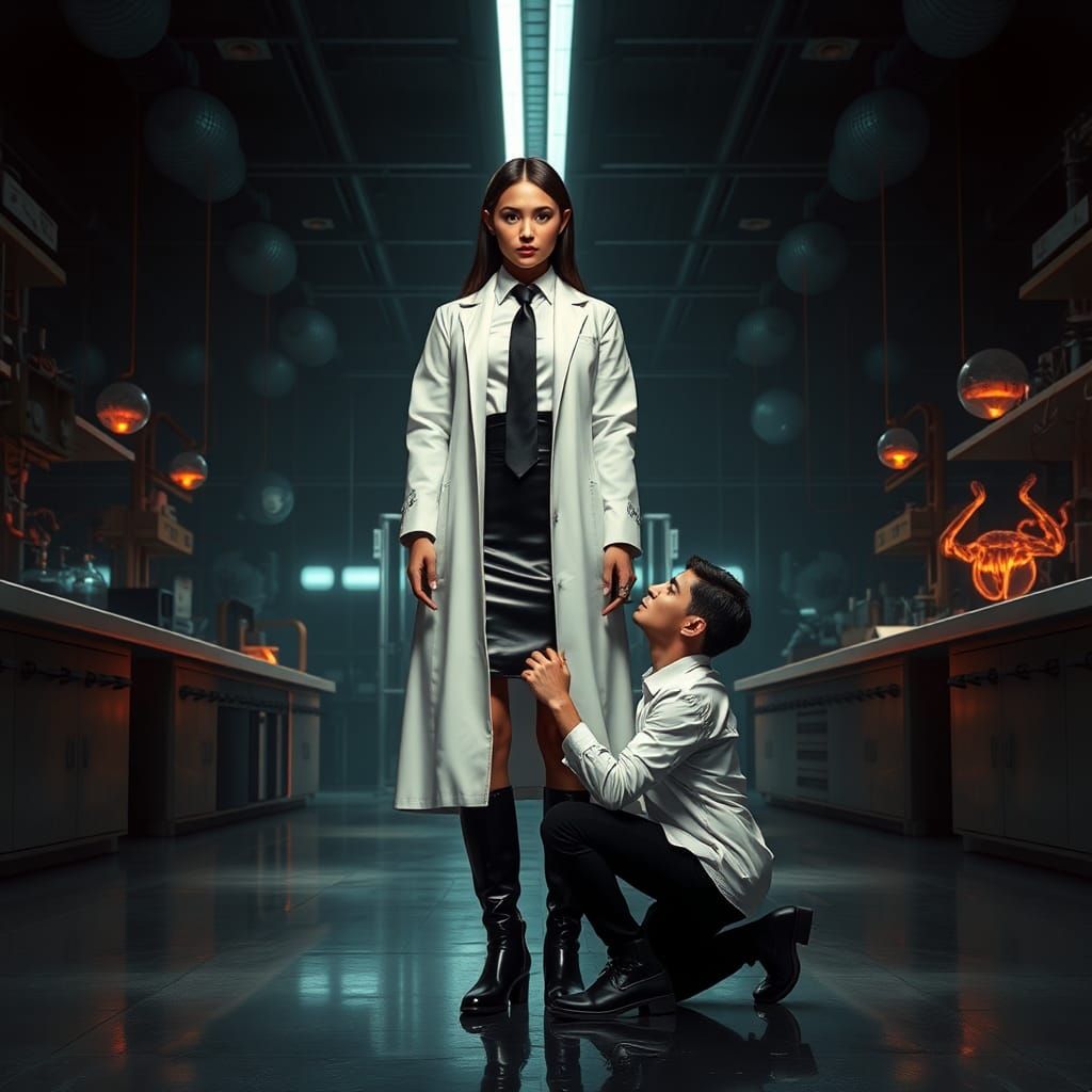 Stern Scientist in Futuristic Lab, Digital Art