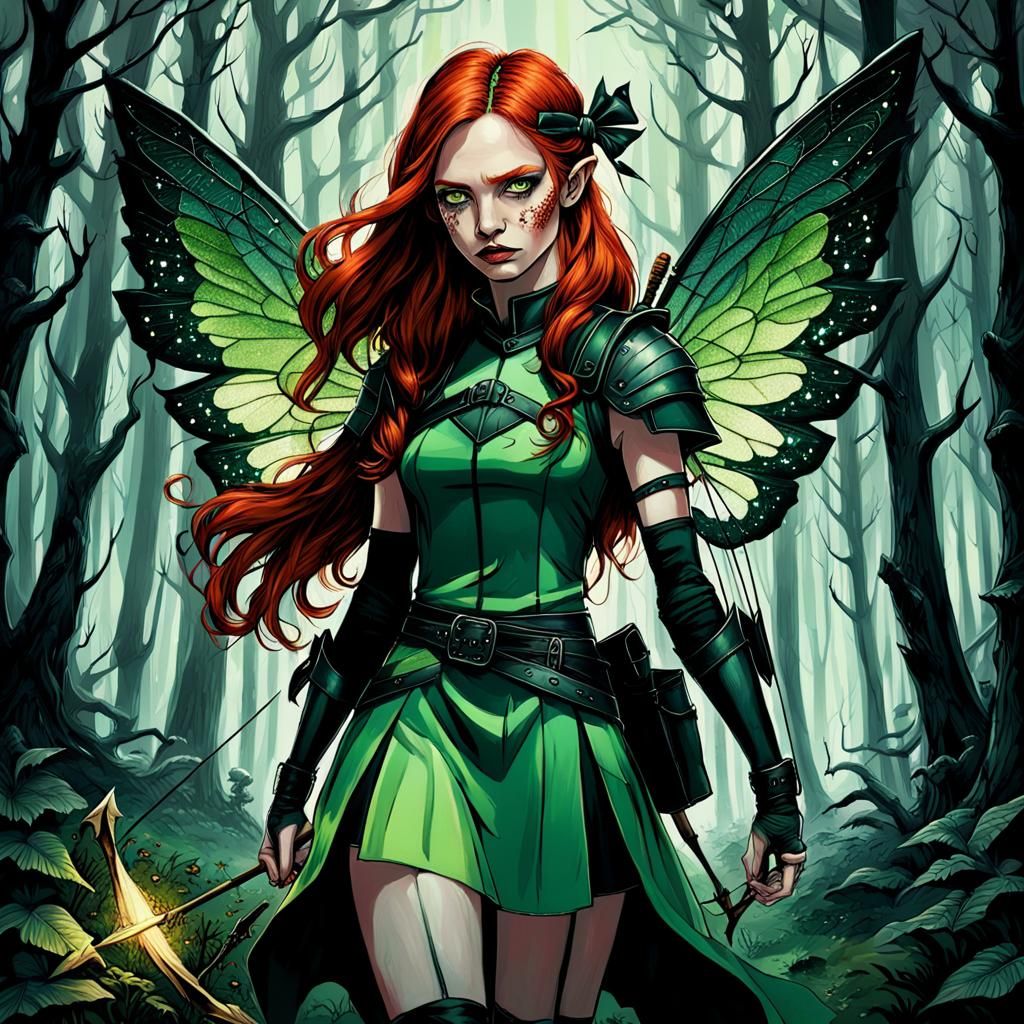 Fairy with Red Hair in Dark Forest, Charcoal Drawing