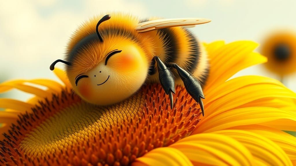 Bumblebee Nap on Sunflower, Whimsical Illustration