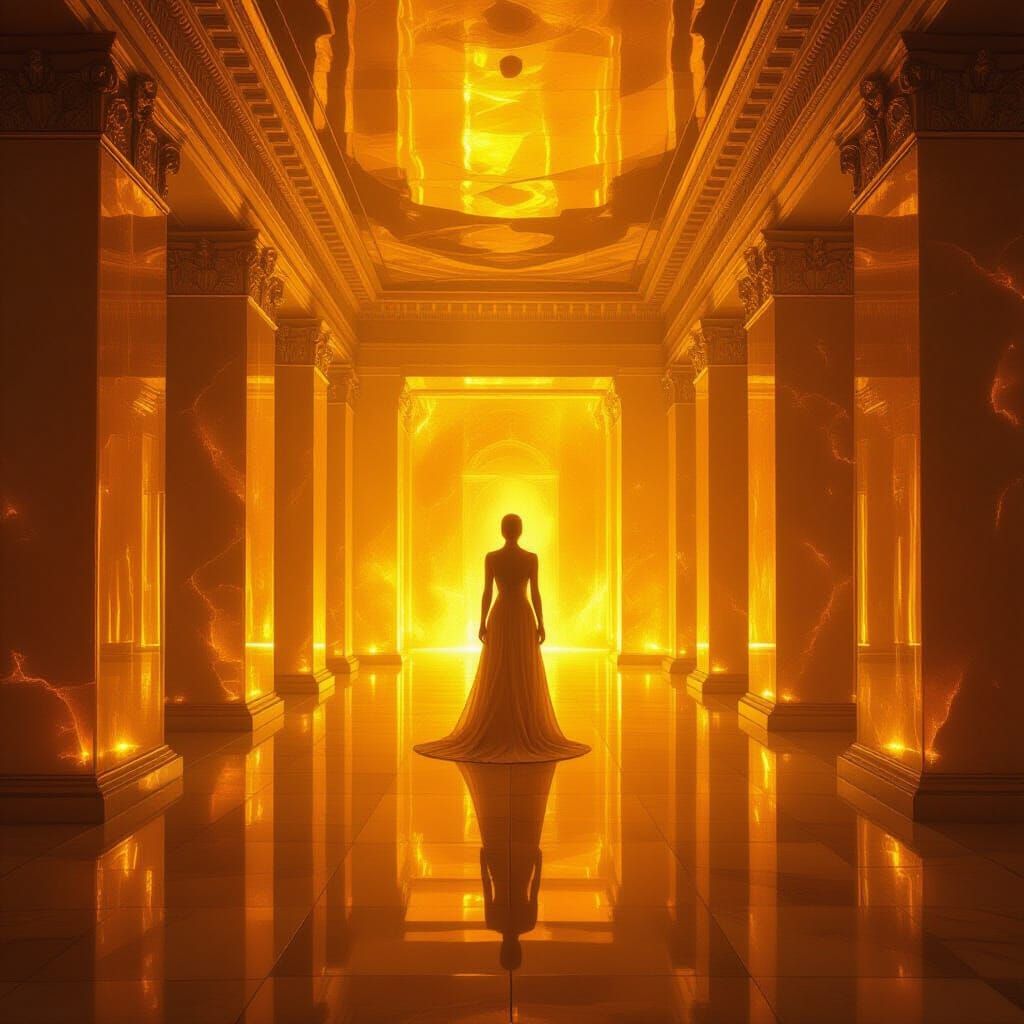 Surreal Amber Room with Luminous Figure
