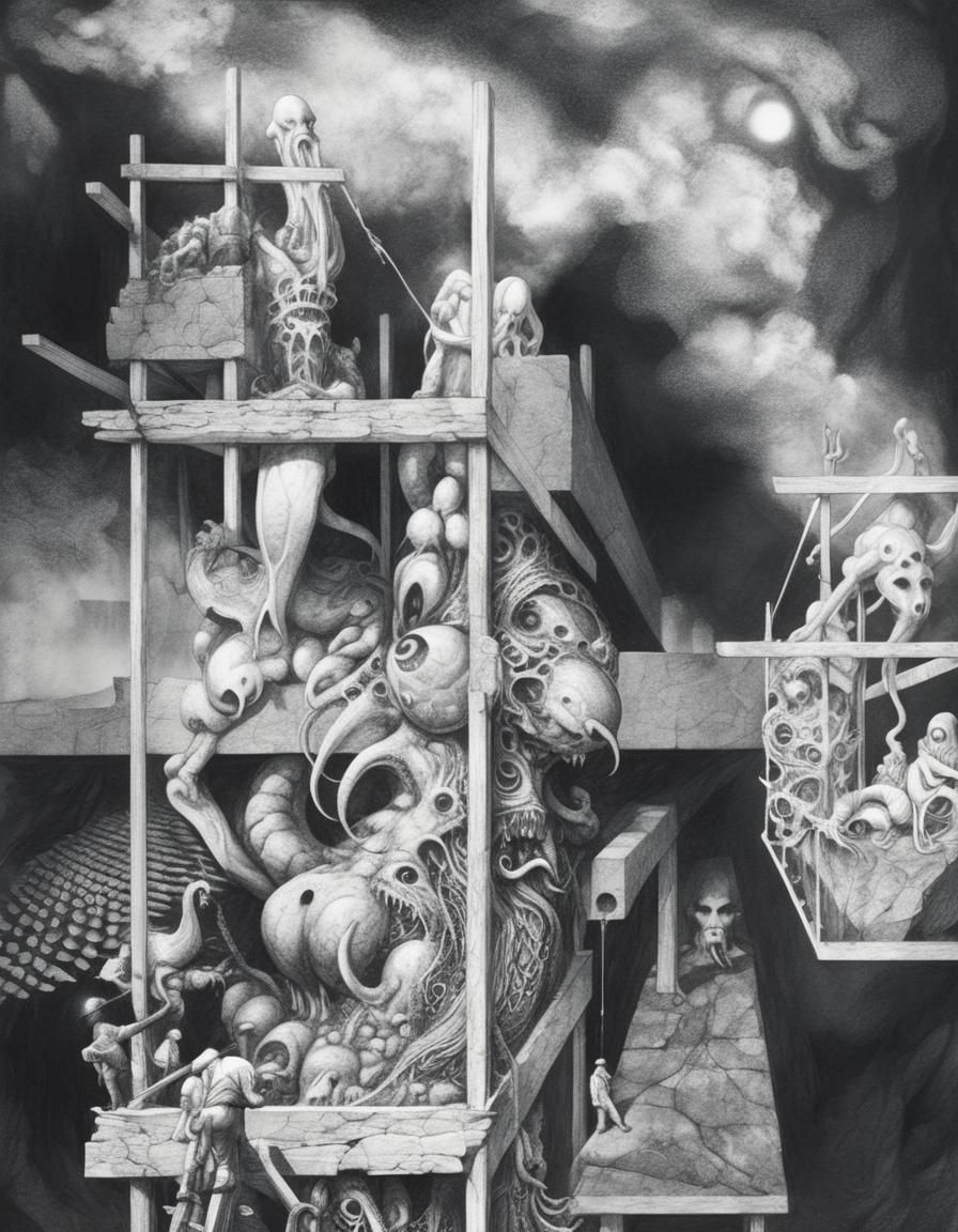 Cthulhu Monument Construction in Surreal Digital Art