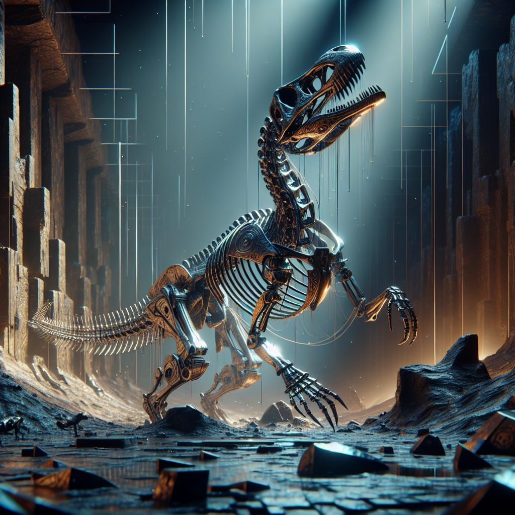 Futuristic Dinosaur Skeleton Emerges from Dig Site