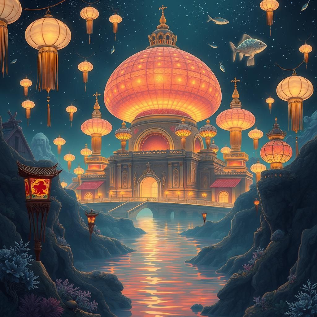 Beautiful Underwater Cityscape with Bioluminescent Fish