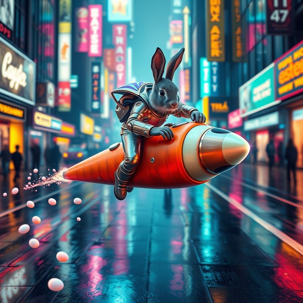 Cyberpunk Easter Bunny Soars Through Neon Metropolis