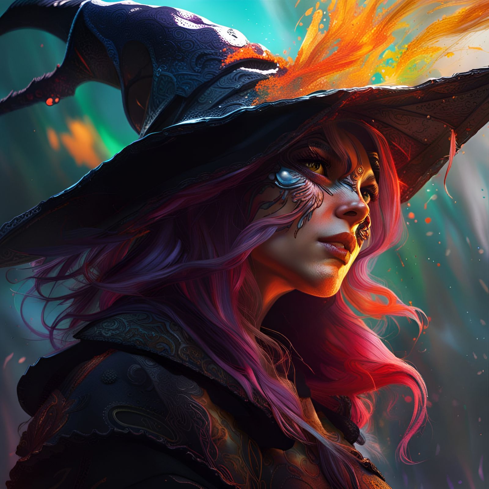 Colorful Hyperrealistic Witch Portrait with Dramatic Lightin...