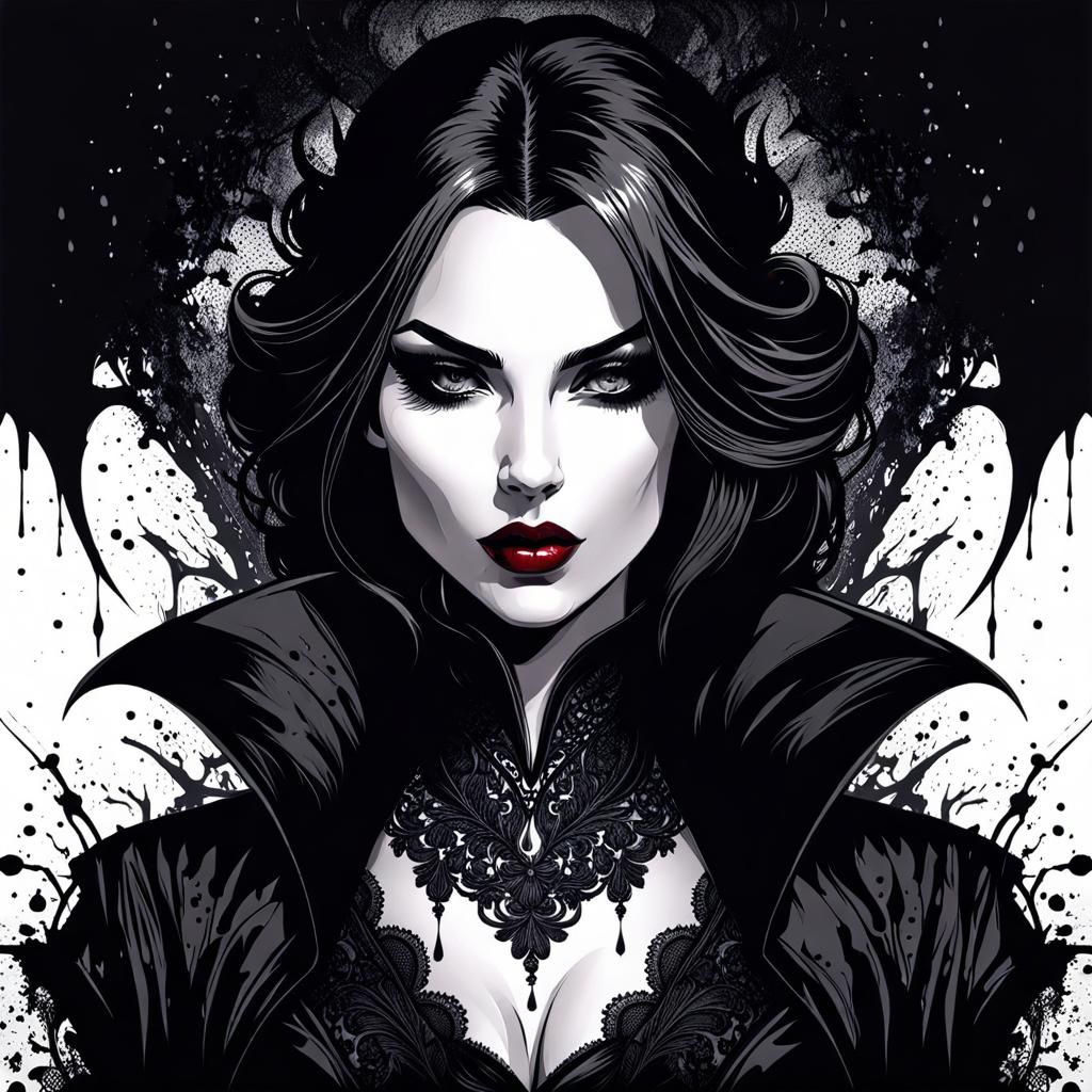 Detailed Gothic Vampire Portrait in Ink Splatter Style