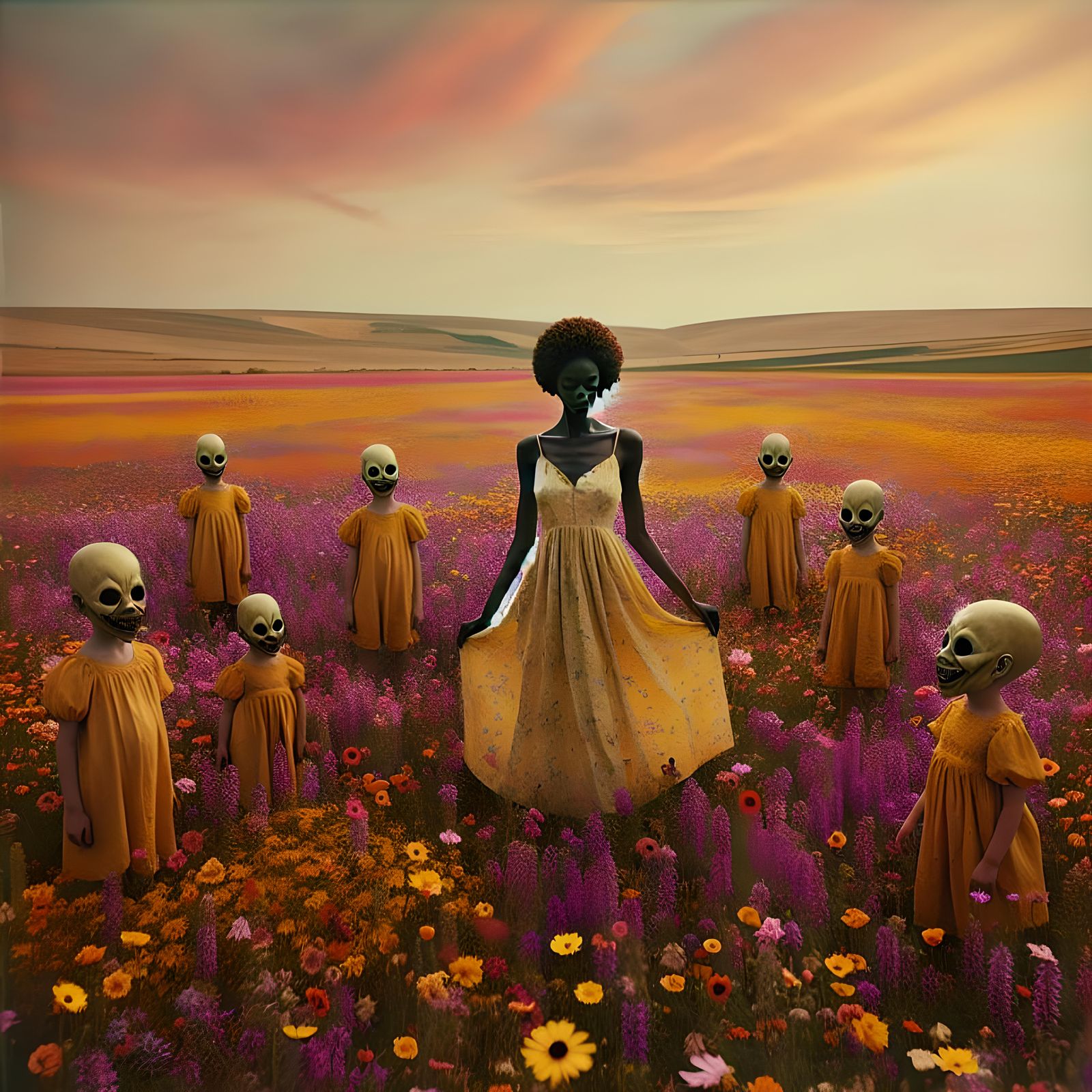 Vintage Polaroid: Wildflower Field with Dancing Woman