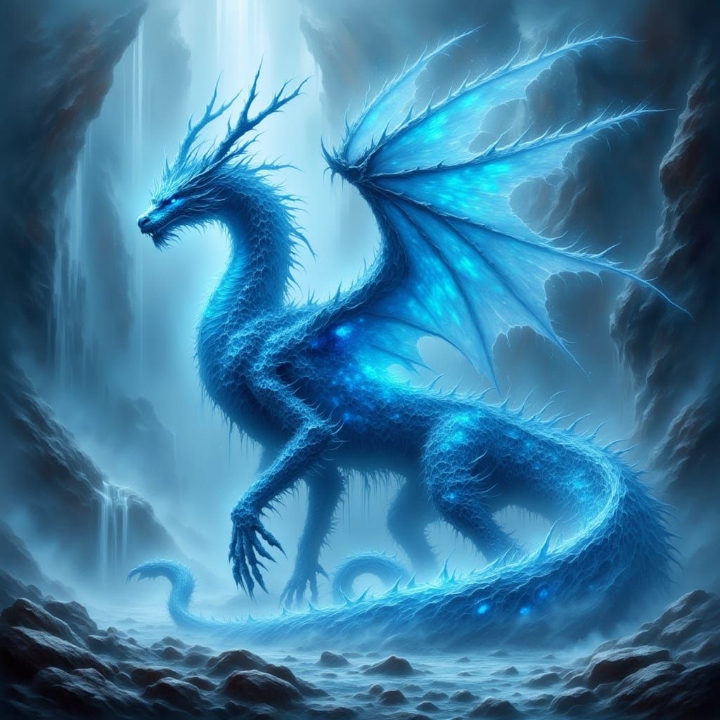 Colossal Water and Ice Dragon in Ethereal Mist