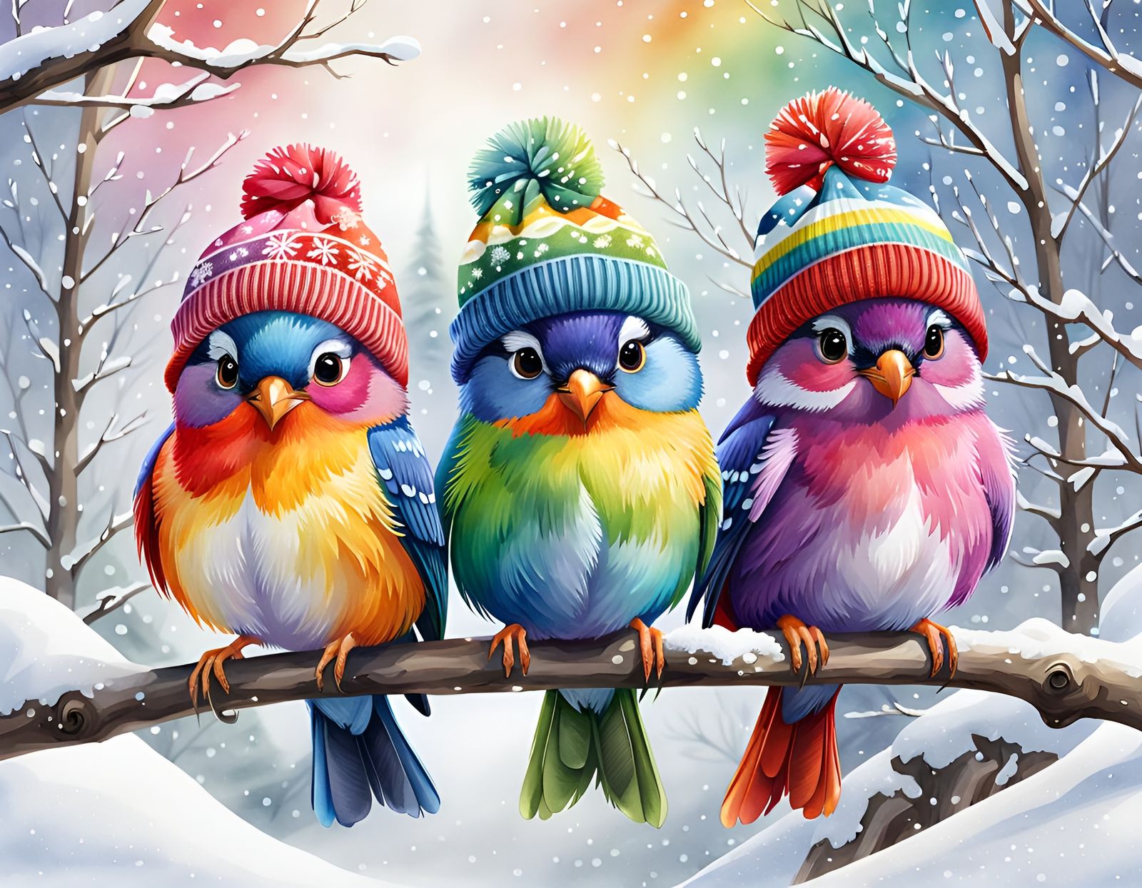 Rainbow Birds in Winter Knit Caps