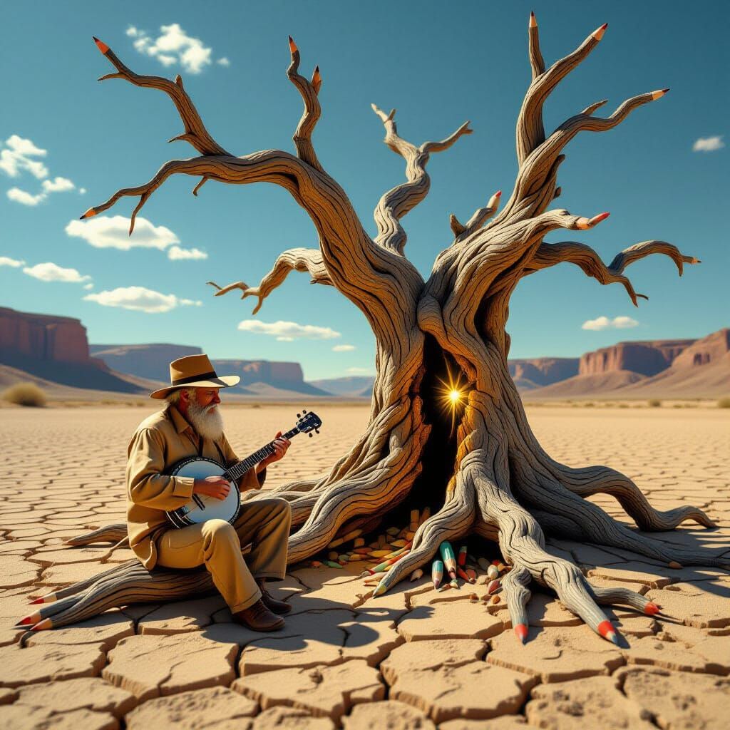Man Plays Banjo by Pencil Tree in Dry Riverbed