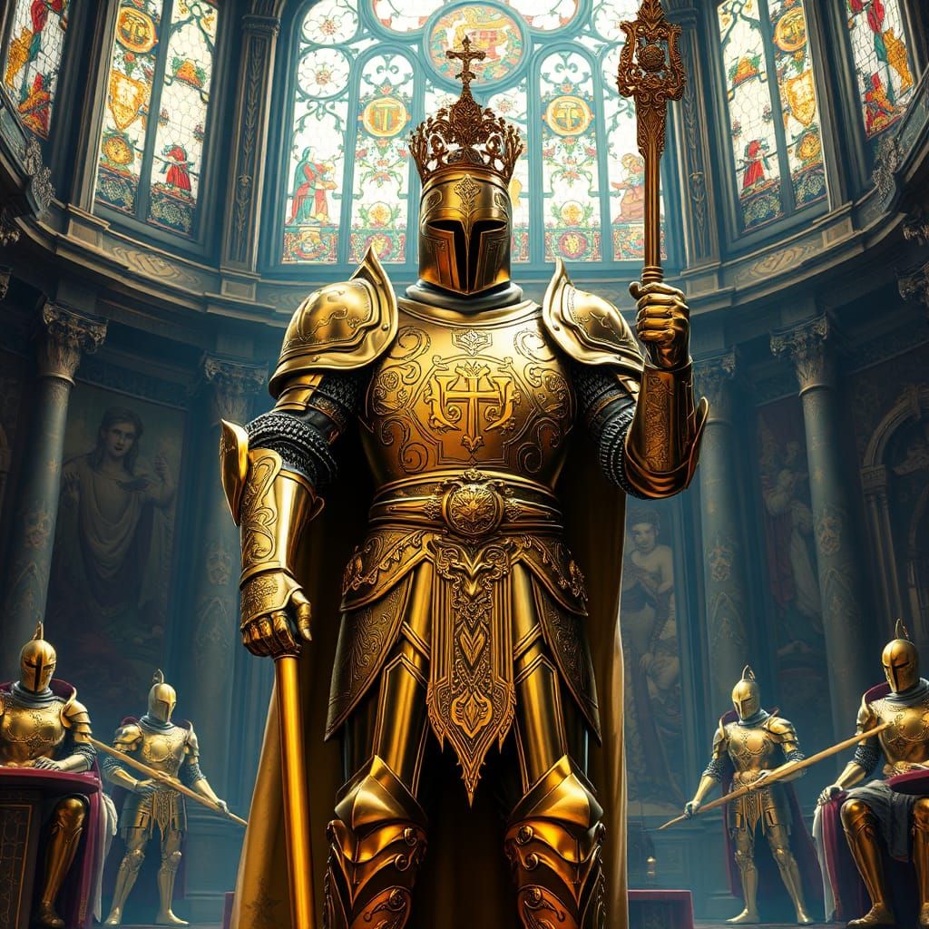 Golden Knight in Throne Room, Fantasy Art