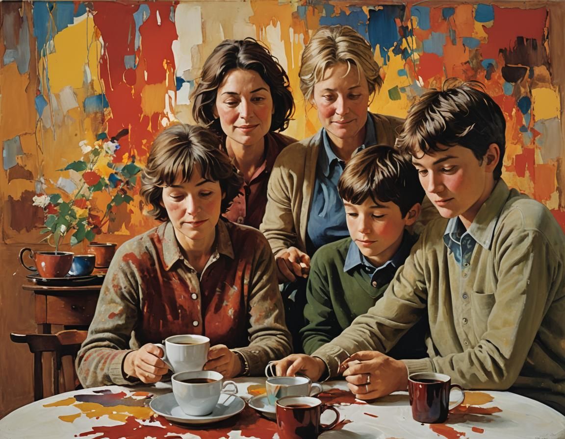 Mother and Sons in Coffee Toned Abstract Art