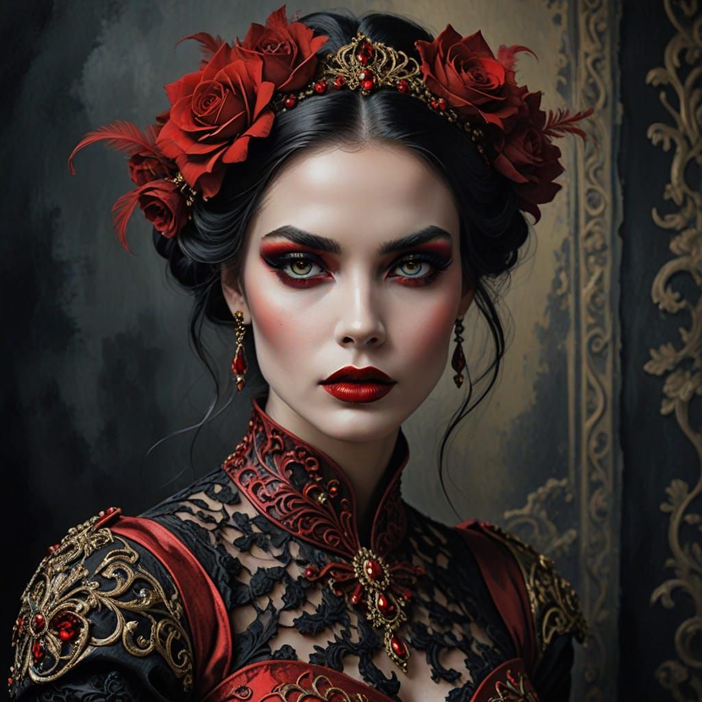 Elegant Fantasy Woman Portrait in Red and Gold