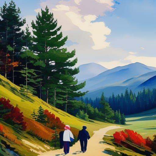 Elderly Couple in Scottish Highlands, Gouache Watercolor
