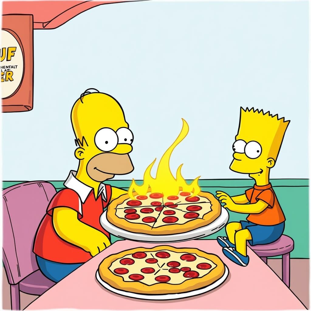 Homer and Bart Share Pizza in Cartoon Style