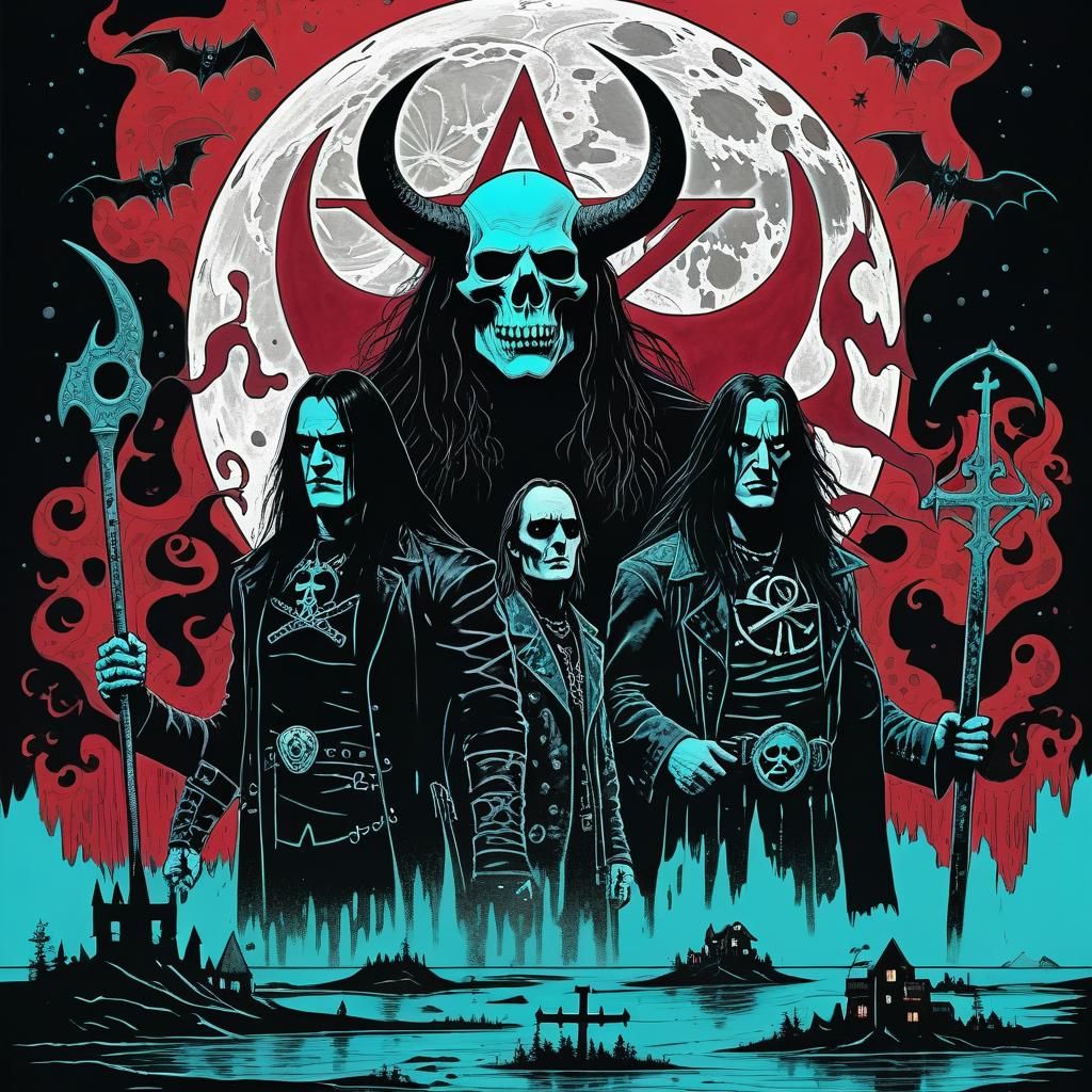 Sunset over (Satanic:1.3)
Land's,Lords of 
(chaos:1.5).
Art in style of
Mike Mignola;
Moon beam aqua+cranberry red;
film...