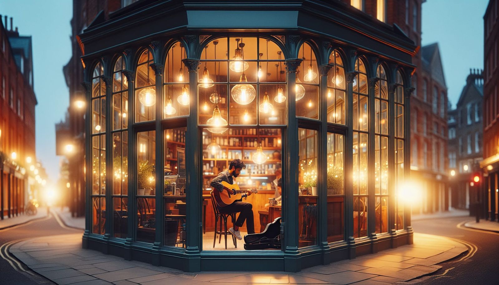 Cozy Coffee Shop Guitarist at Night