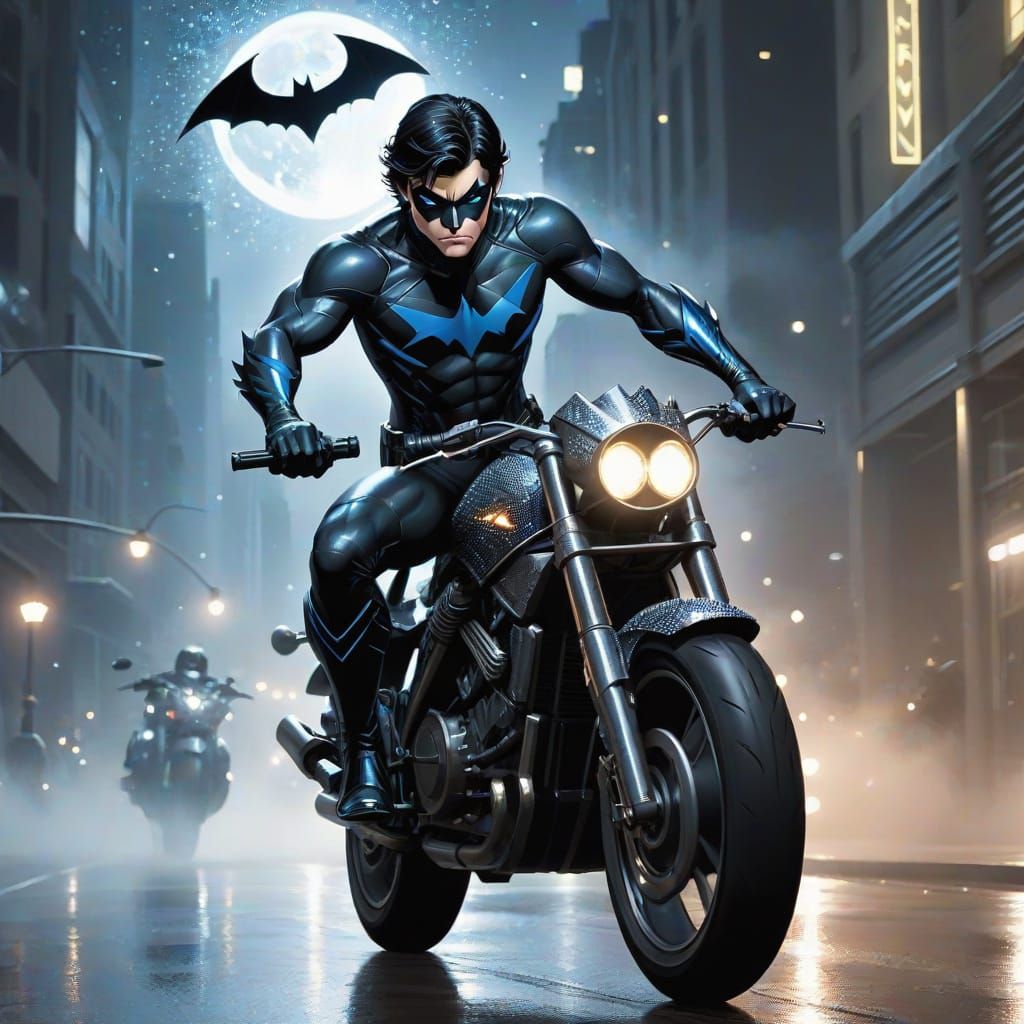 Nightwing in Glittery Dress on Batcycle
